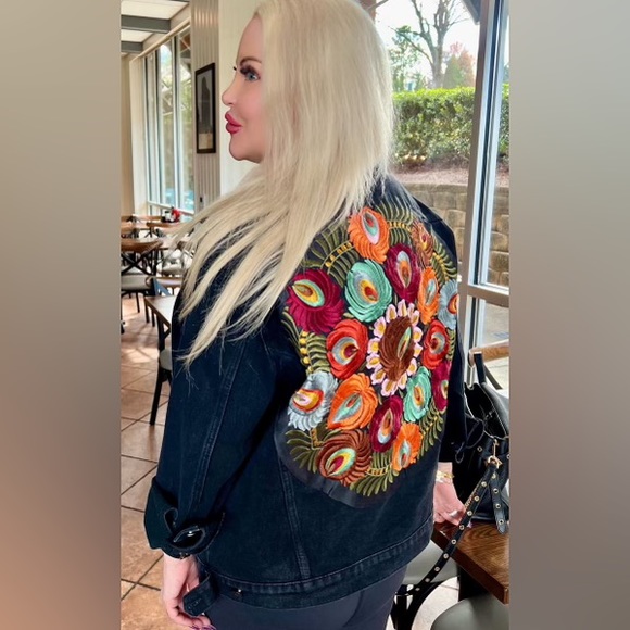 Boho Floral embroidered Distressed denim jean jacket - Picture 3 of 16